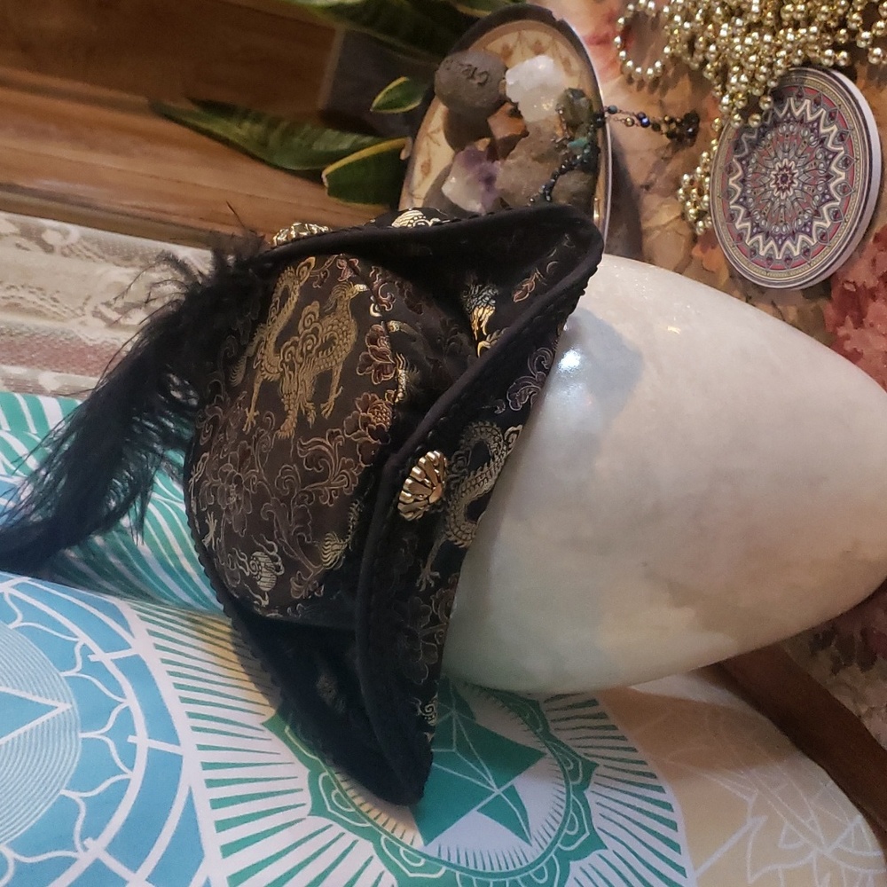 Pirate Fascinator Hat-Black and Gold Dragon Design With Black Plume-TIA